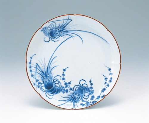 Lobed dish with shrimp and water plant design in underglaze cobalt blue