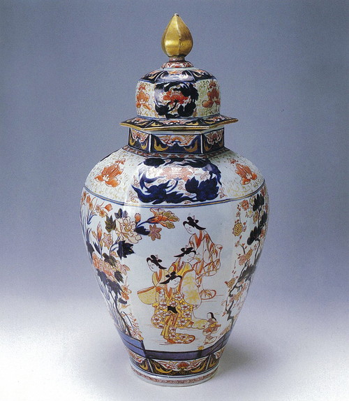 Large hexagonal jar with beauty and cherry blossoms design in overglaze polychrome enamels