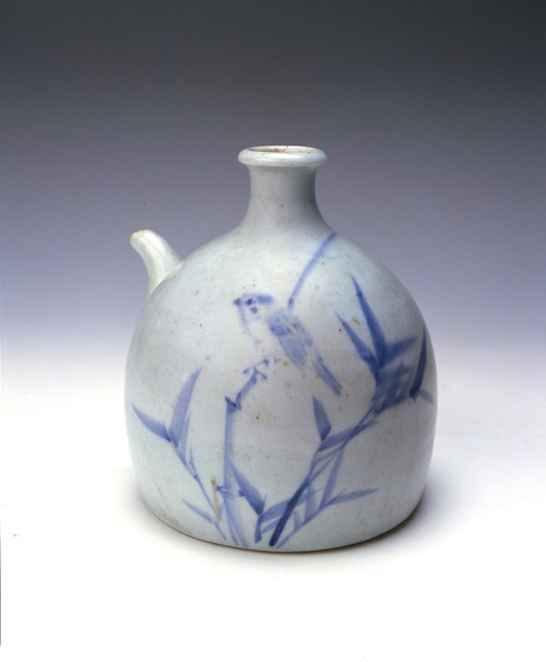 Bottle with sparrow and bamboo design in underglaze cobalt blue