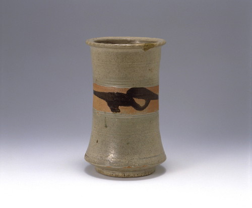 Cylindrical flower vase with chatter marks design in ash glaze and trailed brown glaze