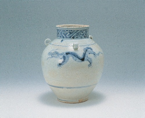 Jar with three ears and dragon and cloud design in underglaze cobalt blue