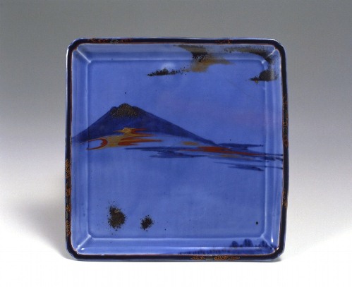 Square dish with Mount Fuji design in overglaze polychrome enamels and pale blue glaze 