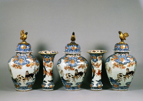 Octagonal-lidded jars and open-mouthed vases with cherry tree and horses design in overglaze polychrome enamels