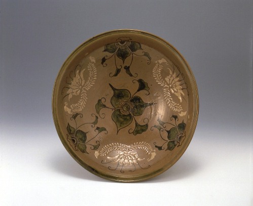 Large dish with paper stenciled stylized flower and scrolling vine design, <i>Nisaide</i> type
