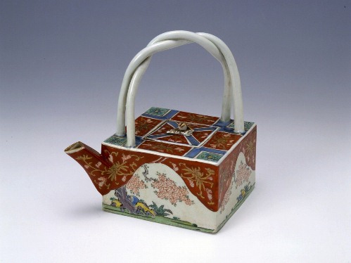 Square sake ewer with cherry tree design in overglaze polychrome enamels