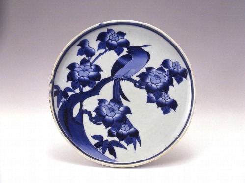 Large dish with bird and camellia design in underglaze cobalt blue