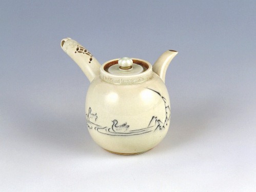 White porcelain teapot with inlaid waterfowl design, <i>Shirokoda</i> type