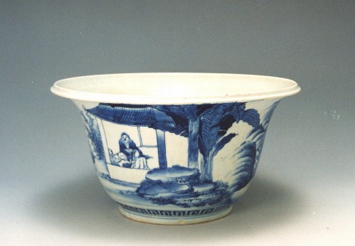 Large bowl with human figure and landscape design in underglaze cobalt blue