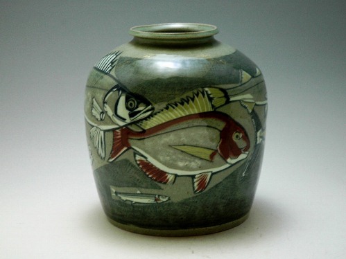 Karatsu paddled jar with fish design in polychrome colours and celadon glaze