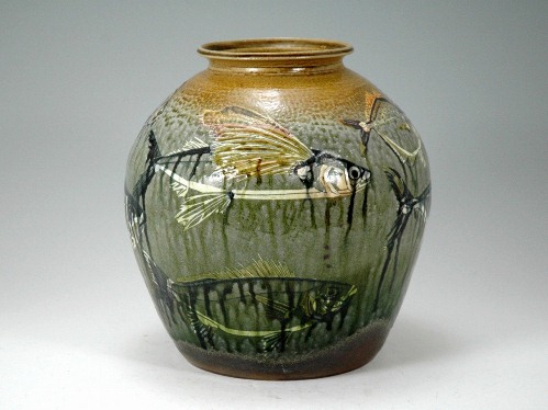 Karatsu unglazed jar with inlaid fish design, <i>Mishima</i> style