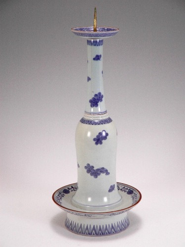 Candle stand with cherry branch design in underglaze cobalt blue